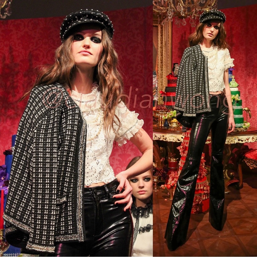 ALICE + OLIVIA Chain Embellished Tweed Knit Cardigan Jacket in Black